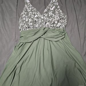 BloomChic Olive Swim Dress with White Floral Design